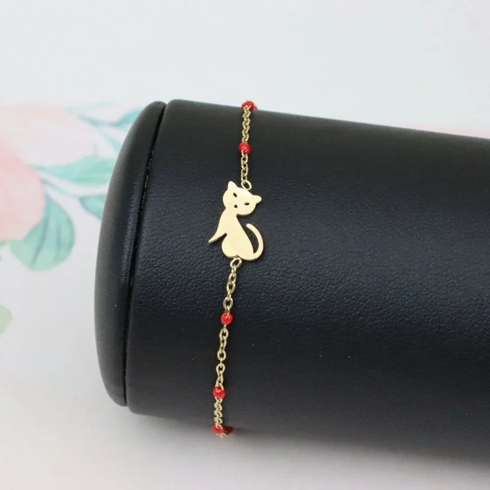 Charming Gold Plated Yellow Cat Bracelet with Red Beads, XPBL0663